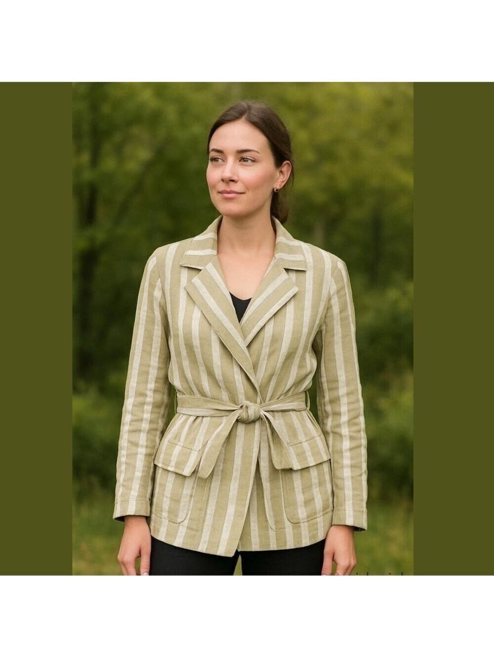 LORD & Taulor striped natural green and beige linen blazer zipped w belt Sz M